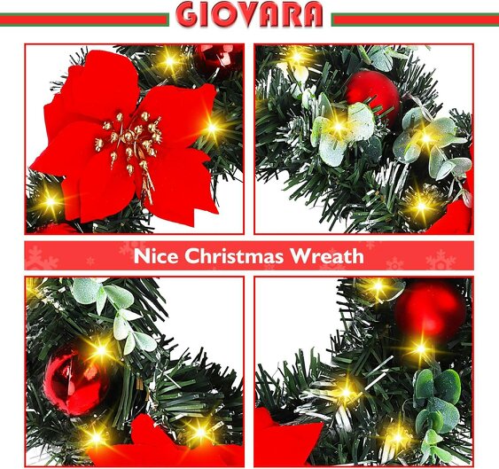 deAO Toys 40cm Christmas Wreath (Hanger Included), Artificial Door Wreath with LED Lights, Xmas Wreath