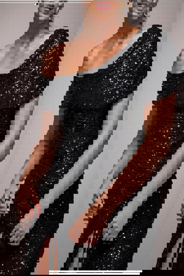 Off The Shoulder Sequin Cowl Drawstring Maxi Dress - Black DR4824