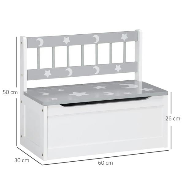 Kids storage bench toy box with grey star-and-moon top panel and safety lid, side view