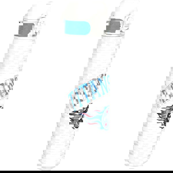 A white water bottle, displaying the Tennessee Titans logo and repeated "Titans" text, sits against a white background.