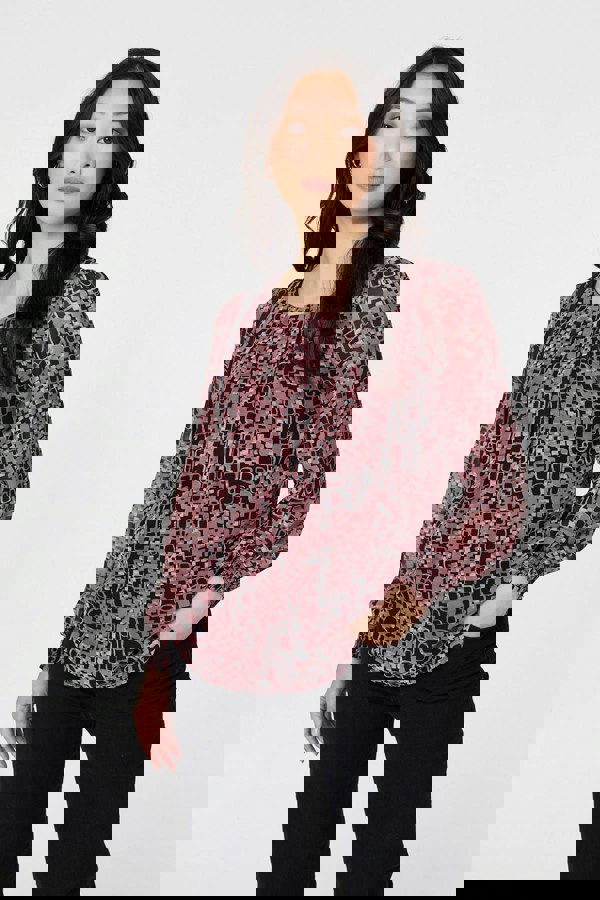 Rust | Printed Ruched Semi Sheer Blouse
