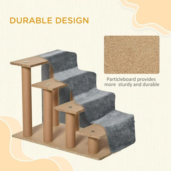 Light grey plush pet stairs with fabric steps over wooden support posts