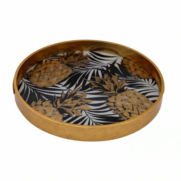 Maison des Cadeaux Round Decorative Gold Tropical Pineapple Serving Candle Drinks Tray