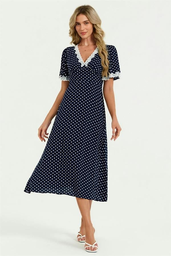 FS Collection Lace Trim Dot Print Midi Dress In Navy