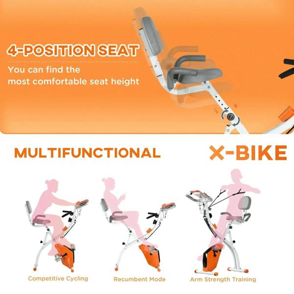 Exercise bike with 4-position adjustable seat height and arm resistance setup