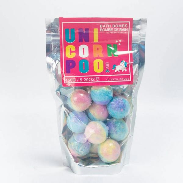 Resealable silver pouch containing 10 rainbow-coloured raspberry-scented unicorn poo bath bombs with a bright pink retro label.