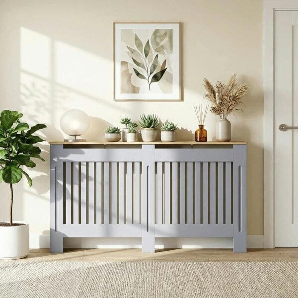 Bobobiy Slatted Radiator Cover, Painted Cabinet with Line Grill Design, 172W × 19D × 81H cm, Grey