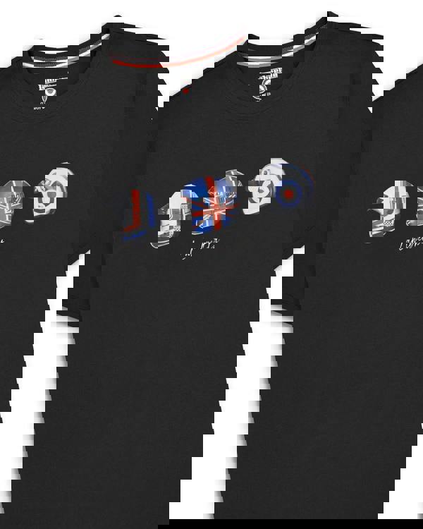 Lambretta Mens Scooter Helmet Graphic Mod Ska Casual T-Shirts, black T-shirt featuring three helmet graphics with British flag designs and the word 'Lambretta' in white text.