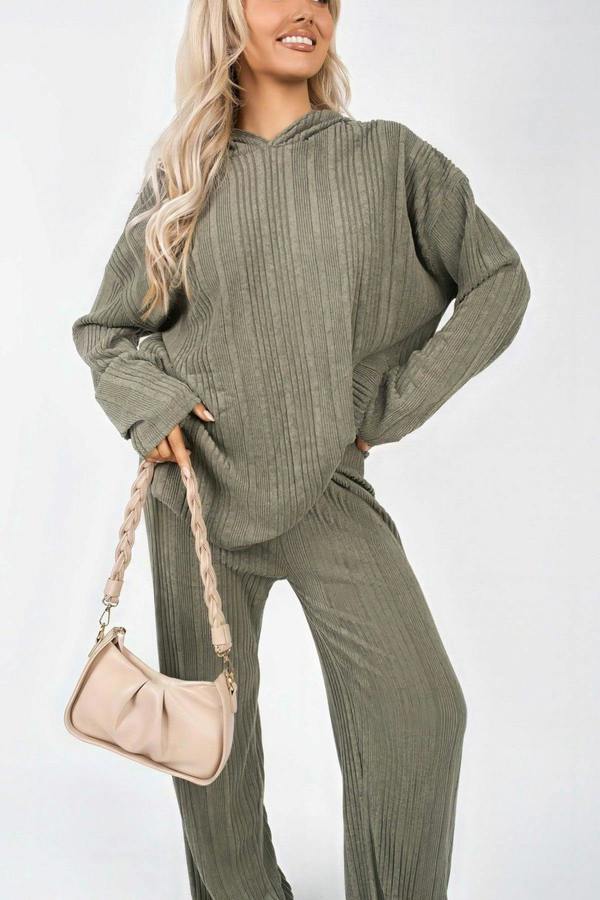 Zayana Hooded Ribbed Oversized Top And Wide Leg Lounge Co-ord Set - Khaki