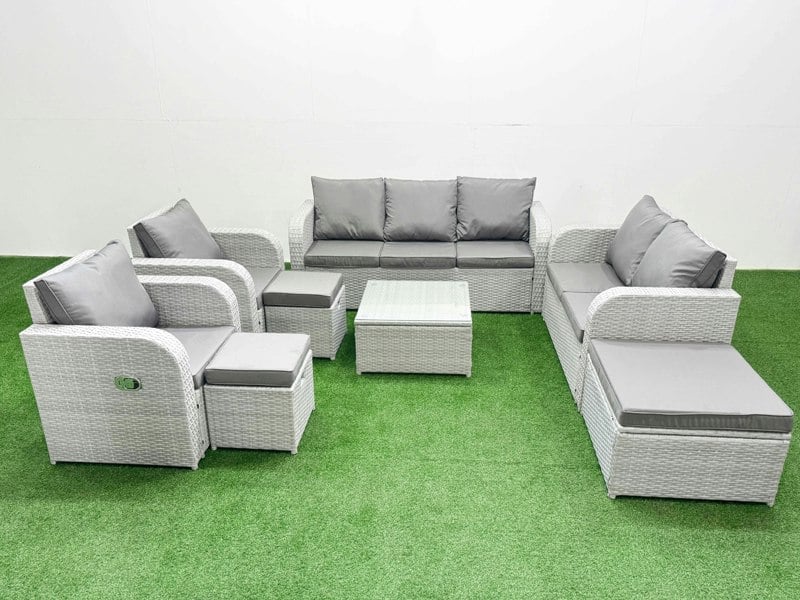 Fimous PE Rattan Garden Furniture Set Adjustable Chair Sofa Double Love Seat 2 Seater Sofa Lounge Set Square Coffee Table 3 Stools Light Grey