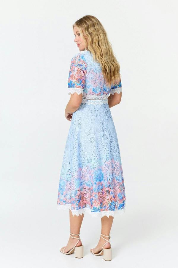 Blue | Floral Lace Trim 1/2 Sleeve Midi Dress