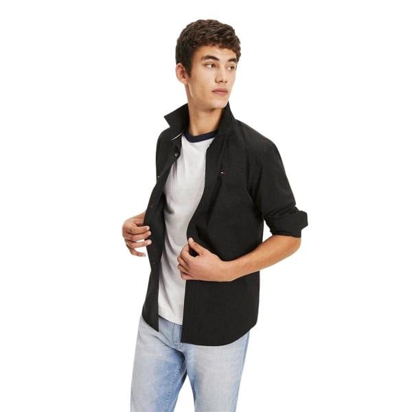 Tommy Jeans Mens Plain Stretch Long-Sleeved Shirt - Black - 