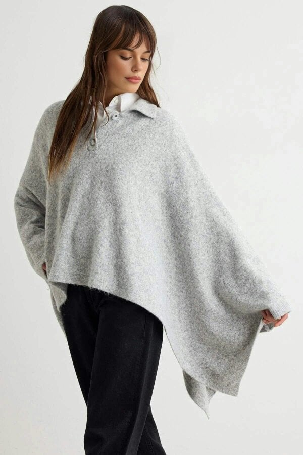 WOVCOR Soft Texture Polo Neck Sleeveless Cape Knit