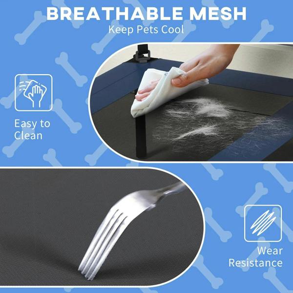 Dark blue breathable mesh surface on an elevated dog bed with black frame