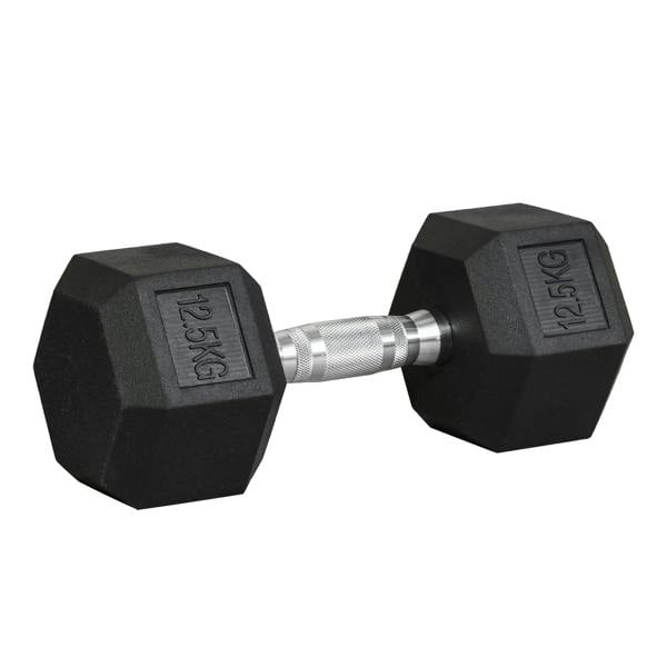Black 12.5 kg rubber hex dumbbell with knurled silver handle and weight markings