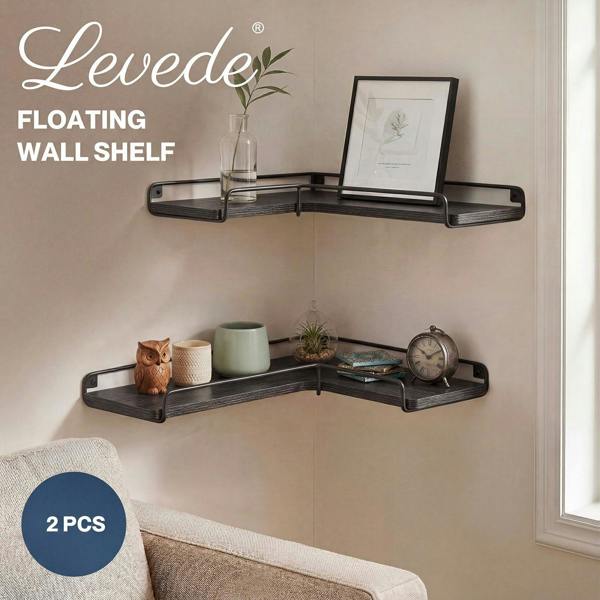 Levede Floating Shelves Set of 2 L-Shaped Corner Shelves Wall Mounted Black