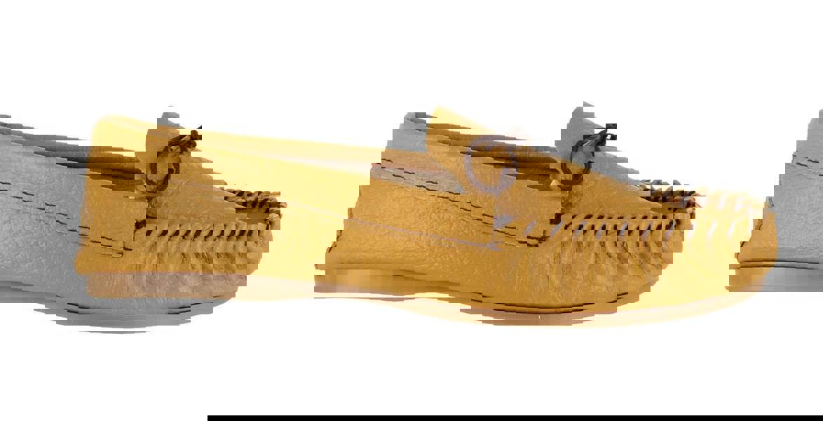Northamptonshire Slipper Co. Mens British Hand Made Casual Leather Moccs Moccasins Slippers, a yellow handcrafted leather moccasin with black stitching and a lace-up front design.