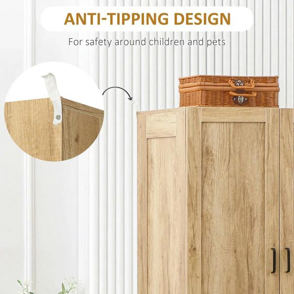 Natural wood wardrobe corner with anti-tipping bracket and safety strap