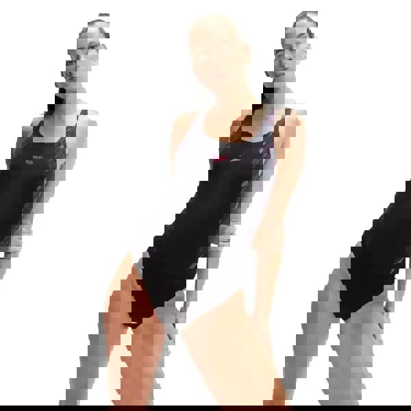 Black Speedo Hyperboom Splice Muscleback swimsuit with red logo and mesh panels