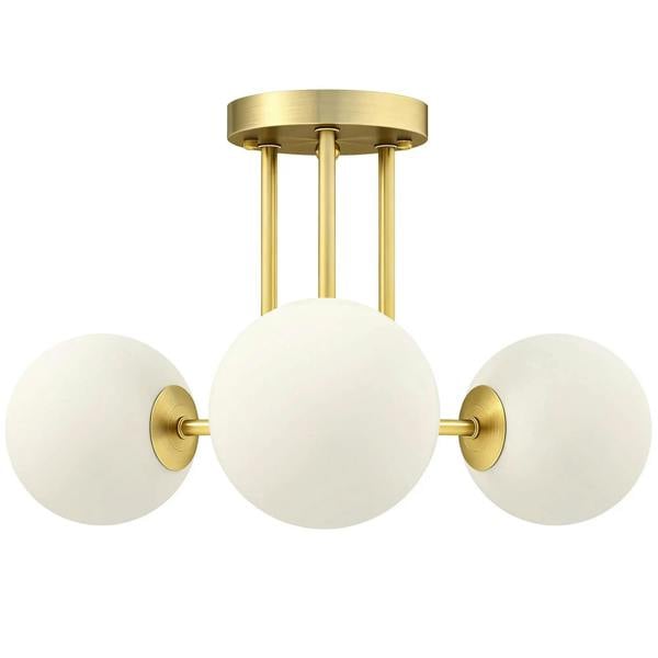 Gold 3-light ceiling fixture with frosted glass globe shades and cylindrical stems