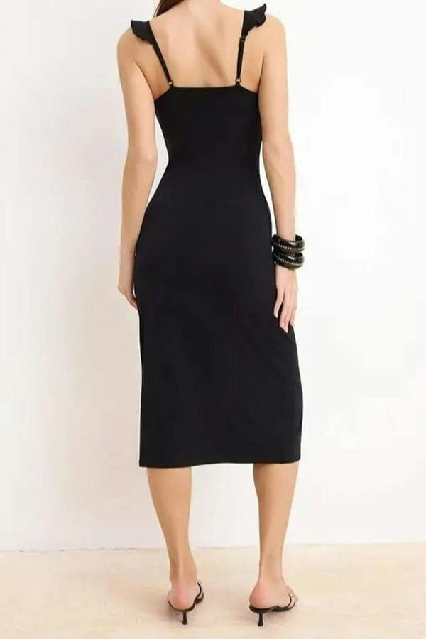 WOVCOR Bodycon V-Neck Thick Strap Sleeveless Maxi Stretch Knit Dress
