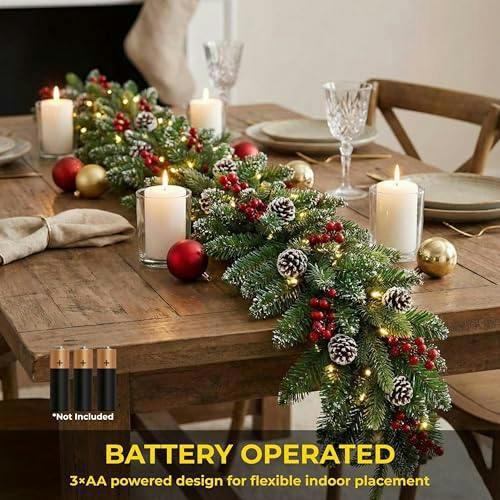 2m Green Pre-Lit Christmas Garland with Warm White LEDs, Berries, Pine Cones and Frosted Tips image 5