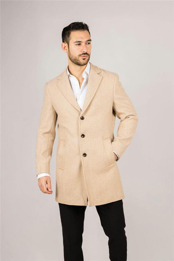 Infinity Leather Men's Notched Lapel Collar Wool Blend Beige Overcoat