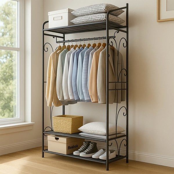 Storvo Heavy Duty Large Metal Clothes Rail Open Wardrobe With 2 Storage Shelves
