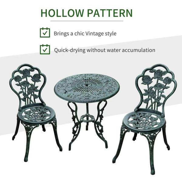 Antique green cast aluminum bistro set: round table and two floral pattern chairs.