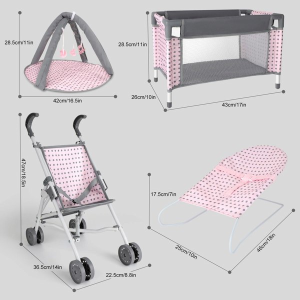 deAO Toys 6-in-1 Baby Doll Playset – Stroller, Doll Bed, Play Mat, Bouncer, Travel Bags & Feeding Accessories, Safe & Durable Gift for Kids 3+