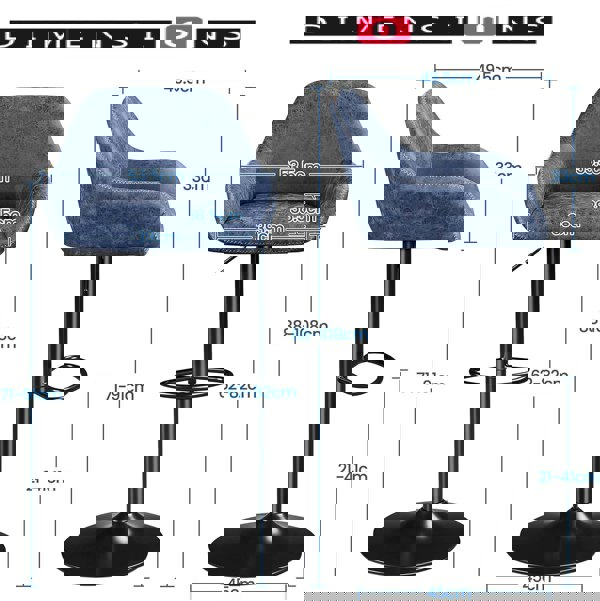 Modcraft Set of 2 Adjustable Swivel Bar Stools with Backrest & Armrests – Faux Leather Blue Chairs