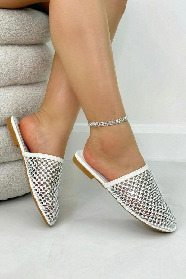 Sparkly Prism Glow Mule Sliders White, showing lightweight flat sole for comfortable all-day use