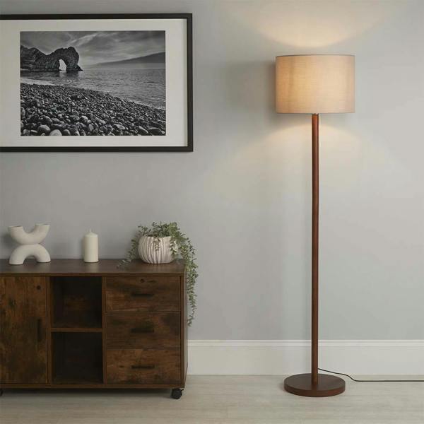 Slim Wood-Base Floor Lamp with Neutral Fabric Shade