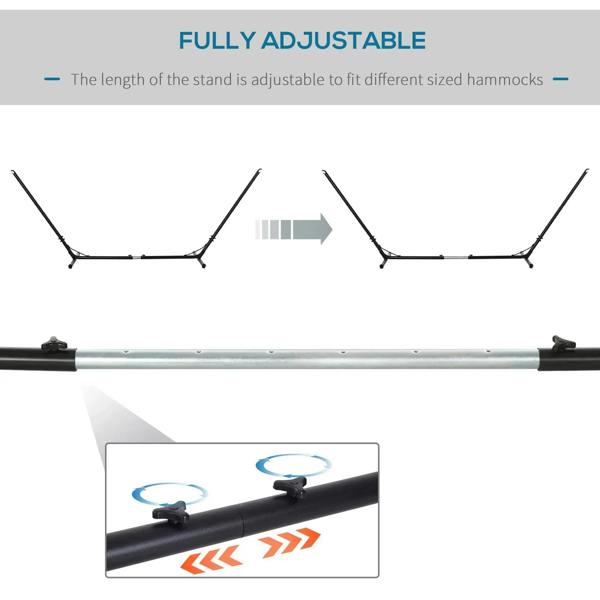 Black fully adjustable hammock stand frame with telescoping support bar and hooks.