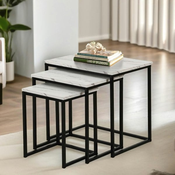 Rafaelo Mobilia Set Of 3 Square Nesting Tables Marble Effect