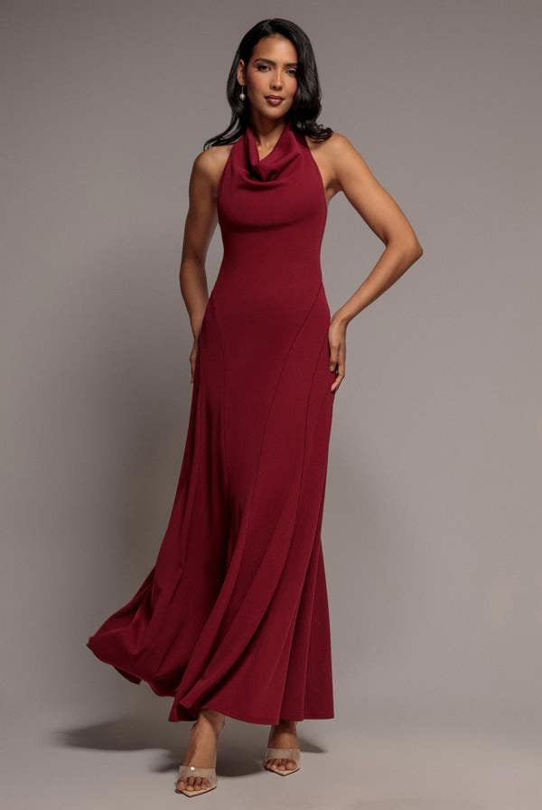 Halterneck Cowl Neck Backless Scuba Crepe Maxi Dress - Burgundy DR5148