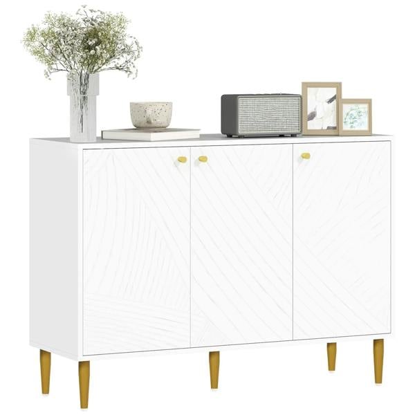 White sideboard cabinet with three doors and gold-tone legs