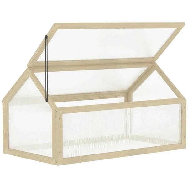 Wood-framed cold frame greenhouse with clear polycarbonate panels and openable lid