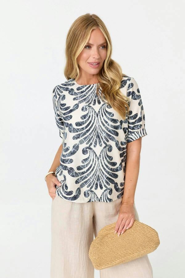Navy | Printed 1/2 Sleeve Relaxed Blouse Top