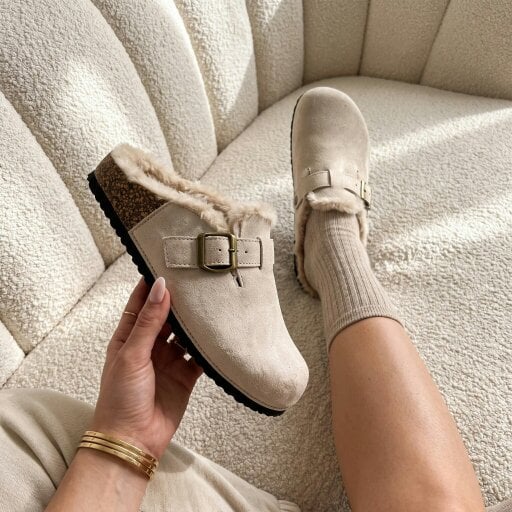 Love Lemonade Sadie Faux Suede Fur Lined Buckle Clog Sliders Nude