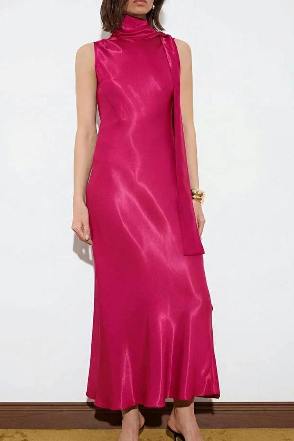 WOVCOR Satin Midi Dress with Scarf Detail