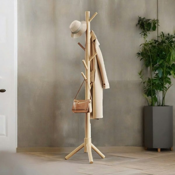 Rafaelo Mobilia Wooden Coat Stand Stand With 8 Hooks Natural Brown