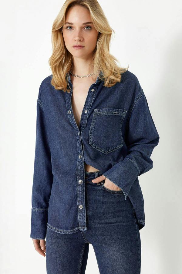 WOVCOR Oversize Long Sleeve Collared Denim Shirt
