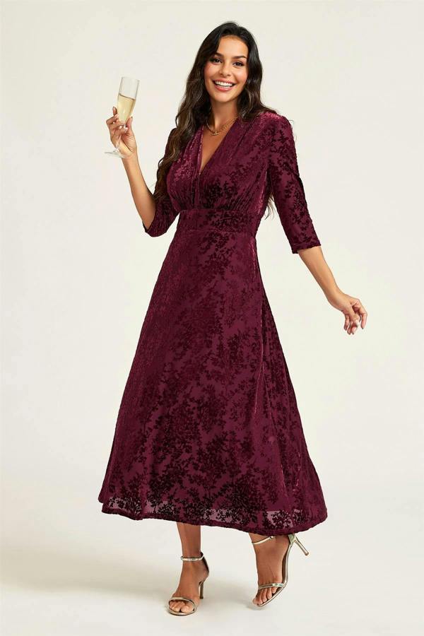FS Collection Velvet Flock Wrap Neck 3/4 Sleeve Midi Dress In Wine