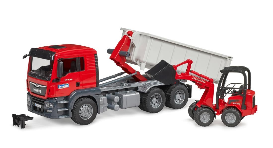 Bruder MAN TGS Truck with Roll-Off-Container Sch ffer Compact loa Detailed Vehicle & Playset Model