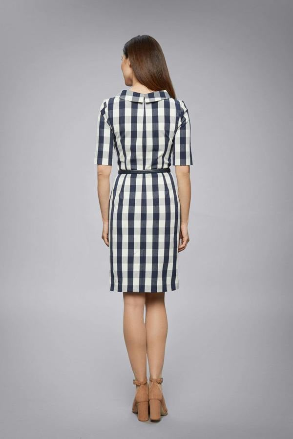 Rumour London Juliette navy stretch-cotton gingham dress with raised collar