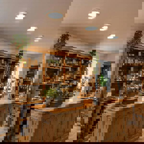 Slim downlight above a cash desk in a traditional shop with pine furniture