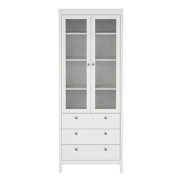 Wyld Haus Gossmere White Wooden China Cabinet 2 Glass Doors 3 Drawers Silver Handles