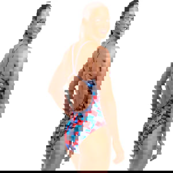 Funkita Motherboard single strap swimsuit in blue and red geometric pattern