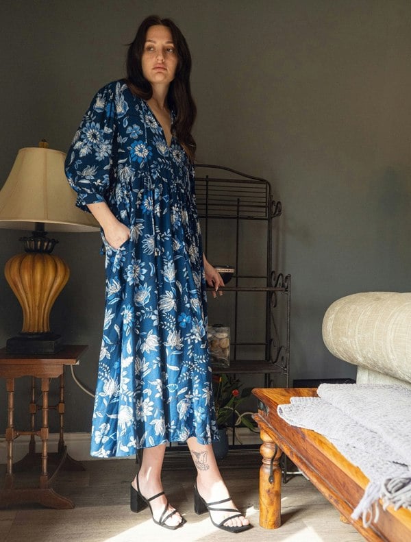 Antonia York Floral Dress - Manon Relaxed Fit Dress with 3/4 Sleeves & Gathered Skirt - Blue